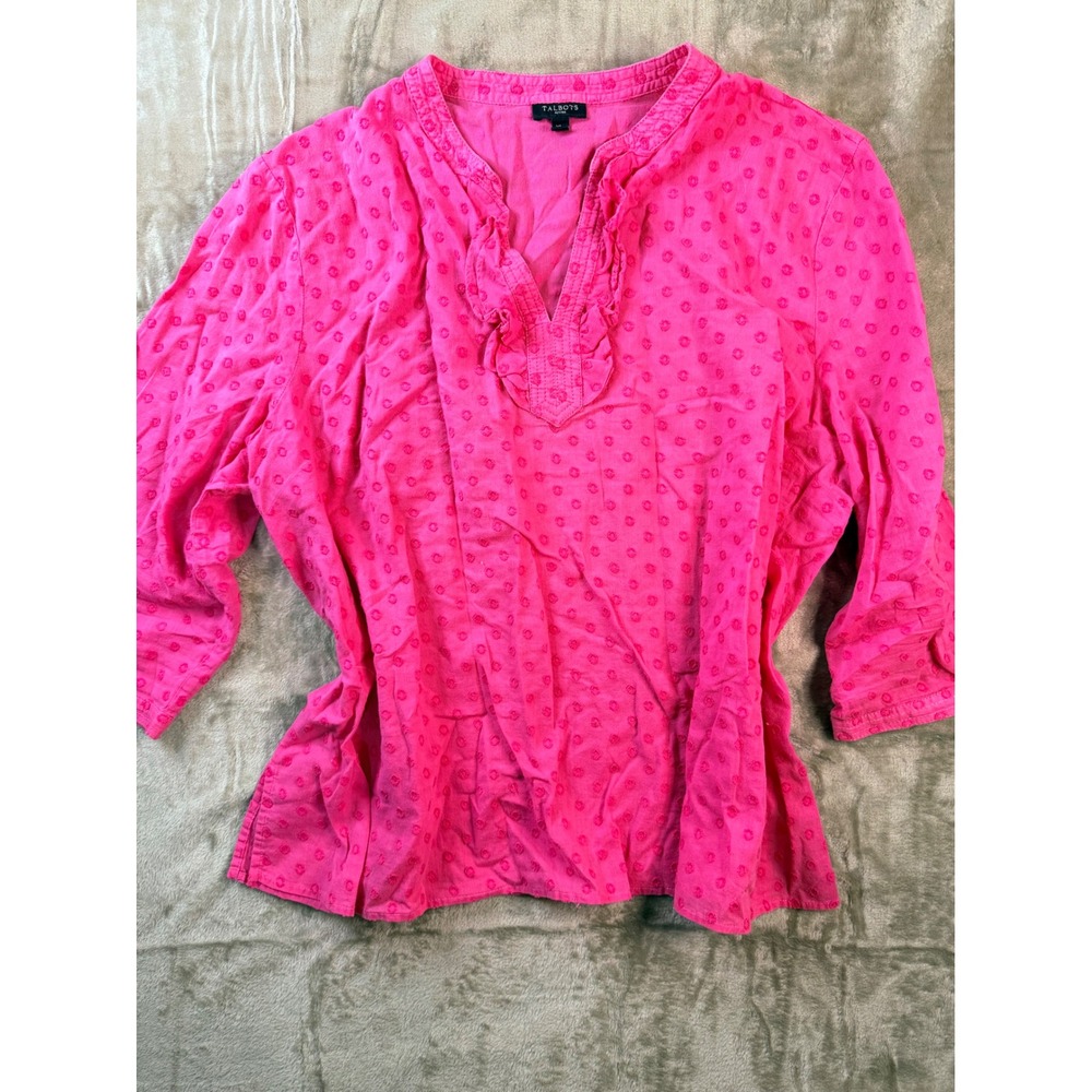 Talbots Petites XL Dot  Ruffle  3/4 Sleeve Cotton Blouse Feminine Garden